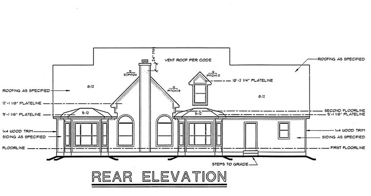 Cape Cod, Country Plan with 3072 Sq. Ft., 4 Bedrooms, 4 Bathrooms, 3 Car Garage Rear Elevation