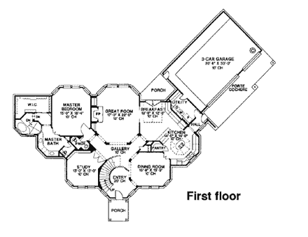 European, Victorian House Plan 99439 with 4 Beds, 4 Baths, 3 Car Garage First Level Plan