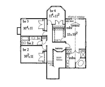 Country, Southern House Plan 99506 with 4 Beds, 3 Baths, 2 Car Garage Second Level Plan