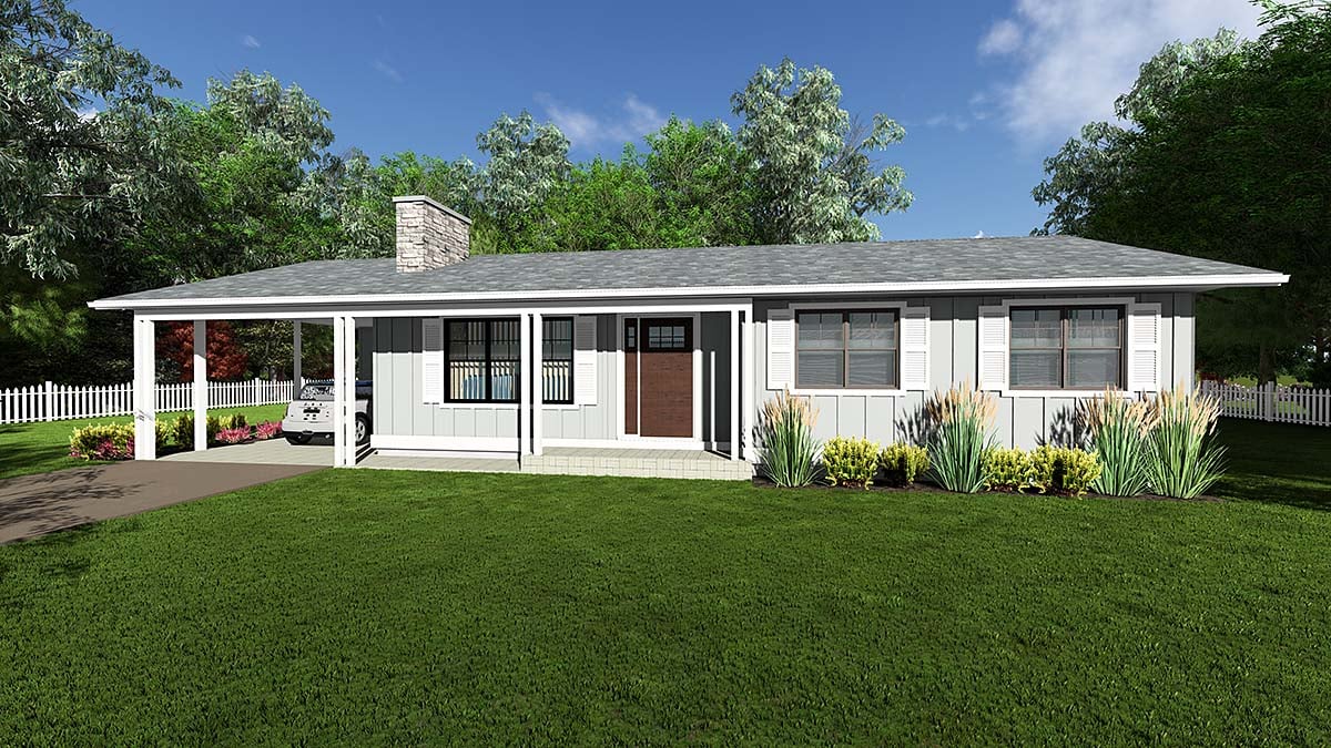 Bungalow, Country, Farmhouse, One-Story, Ranch Plan with 1273 Sq. Ft., 3 Bedrooms, 2 Bathrooms, 1 Car Garage Elevation