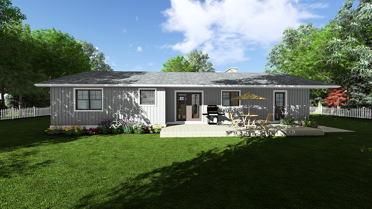 Bungalow, Country, Farmhouse, One-Story, Ranch Plan with 1273 Sq. Ft., 3 Bedrooms, 2 Bathrooms, 1 Car Garage Rear Elevation