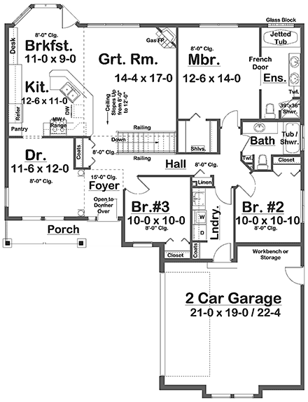 Bungalow, Craftsman House Plan 99944 with 3 Beds, 2 Baths, 2 Car Garage First Level Plan