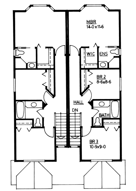 Multi-Family Plan 99954 with 6 Beds, 6 Baths Second Level Plan