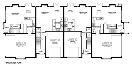 Multi-Family Plan 99973 with 12 Beds, 12 Baths, 8 Car Garage First Level Plan