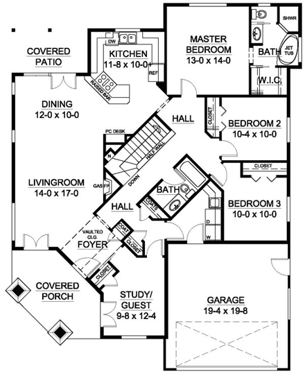Traditional House Plan 99991 with 3 Beds, 2 Baths, 2 Car Garage First Level Plan